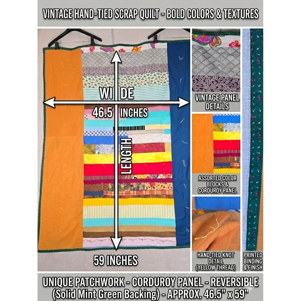 Vintage Hand Tied Patchwork Quilt Throw Corduroy Texture Retro‎ Boho 47x59 Multi